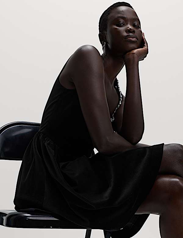 Cotton Rich Velvet Embellished Mini Skater Dress