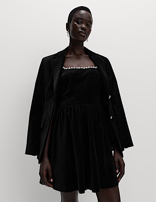 Cotton Rich Velvet Embellished Mini Skater Dress