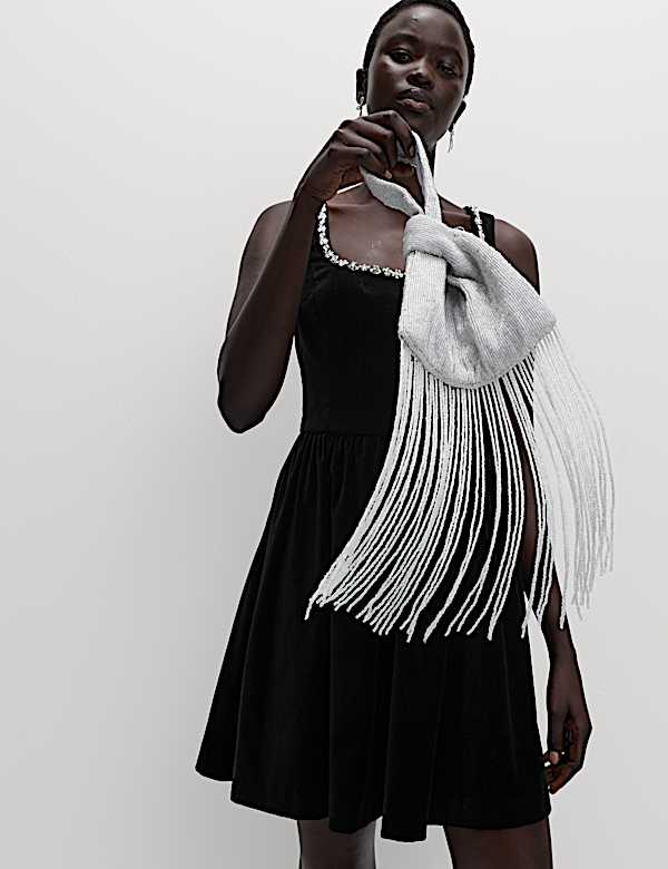 Cotton Rich Velvet Embellished Mini Skater Dress