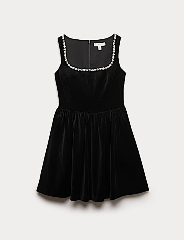 Cotton Rich Velvet Embellished Mini Skater Dress - NL