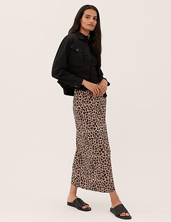 Animal Print Ribbed Maxi A-Line Skirt