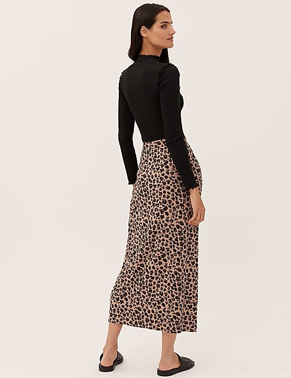 Animal Print Ribbed Maxi A-Line Skirt