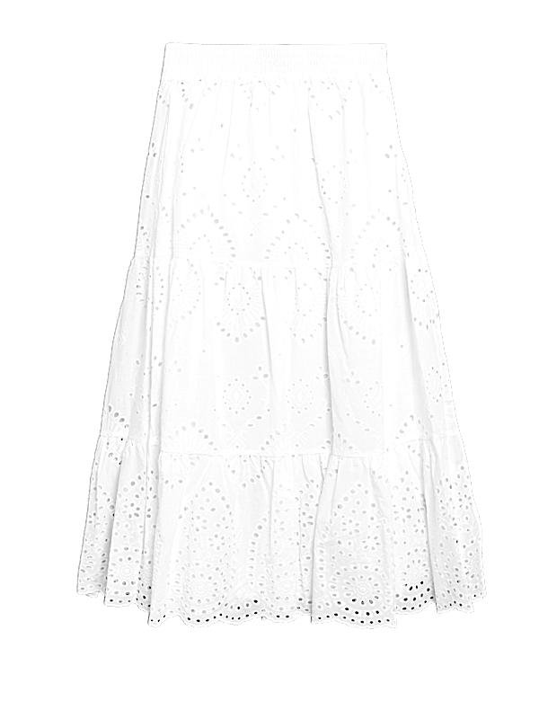 Pure Cotton Broderie Midi Tiered Skirt