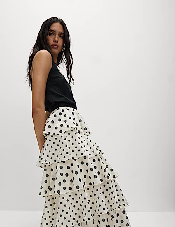 Lyocell Rich Polka Dot Ruffle Midaxi Skirt - CY