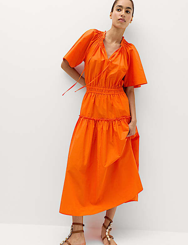 Robe midi 100 % coton &agrave; taille ajust&eacute;e et col &agrave; nouer - FR