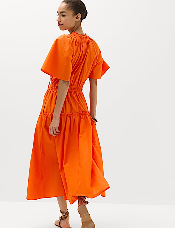 Robe midi 100 % coton &agrave; taille ajust&eacute;e et col &agrave; nouer - FR