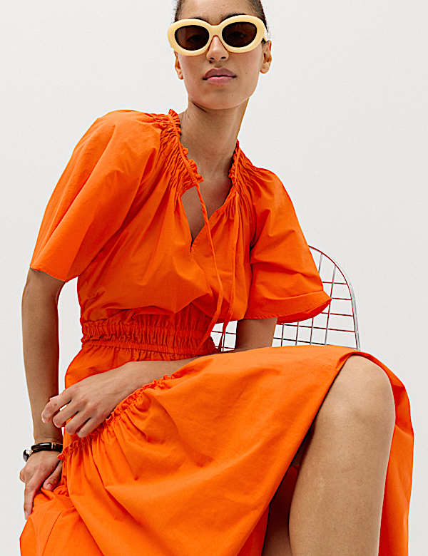 Robe midi 100 % coton &agrave; taille ajust&eacute;e et col &agrave; nouer - FR