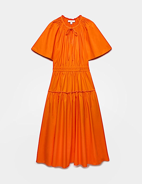 Robe midi 100 % coton &agrave; taille ajust&eacute;e et col &agrave; nouer - FR