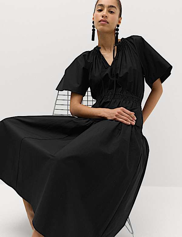 Pure Cotton Tie Neck Midi Waisted Dress - BN