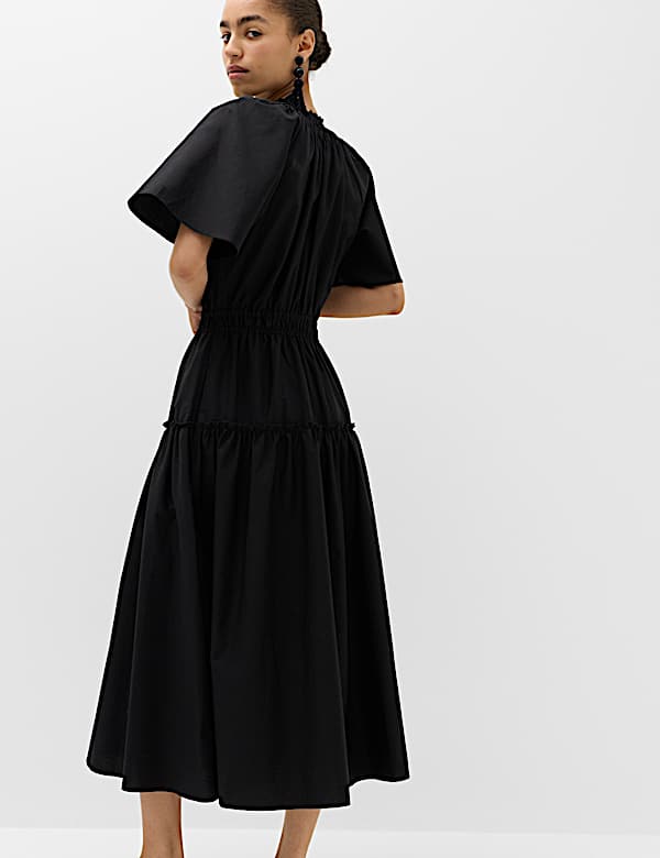 Pure Cotton Tie Neck Midi Waisted Dress - BN