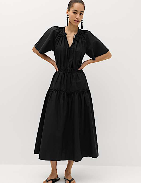 Pure Cotton Tie Neck Midi Waisted Dress - BN