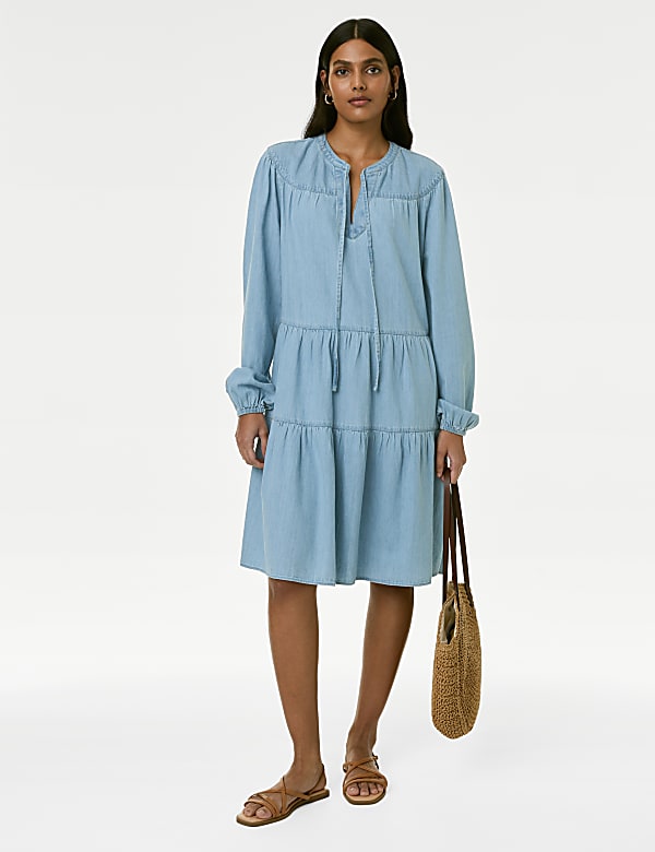Denim Tie Neck Puff Sleeve Mini Tiered Dress