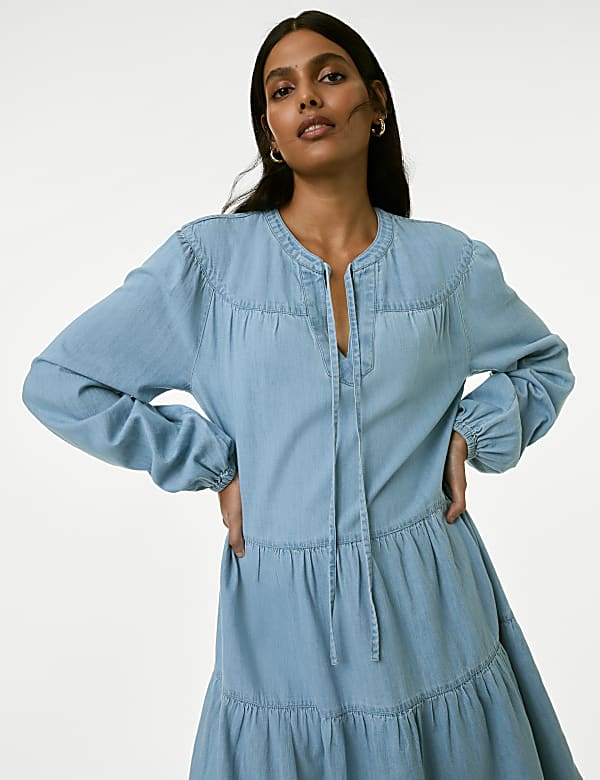 Denim Tie Neck Puff Sleeve Mini Tiered Dress