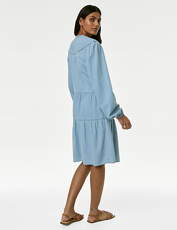 Denim Tie Neck Puff Sleeve Mini Tiered Dress