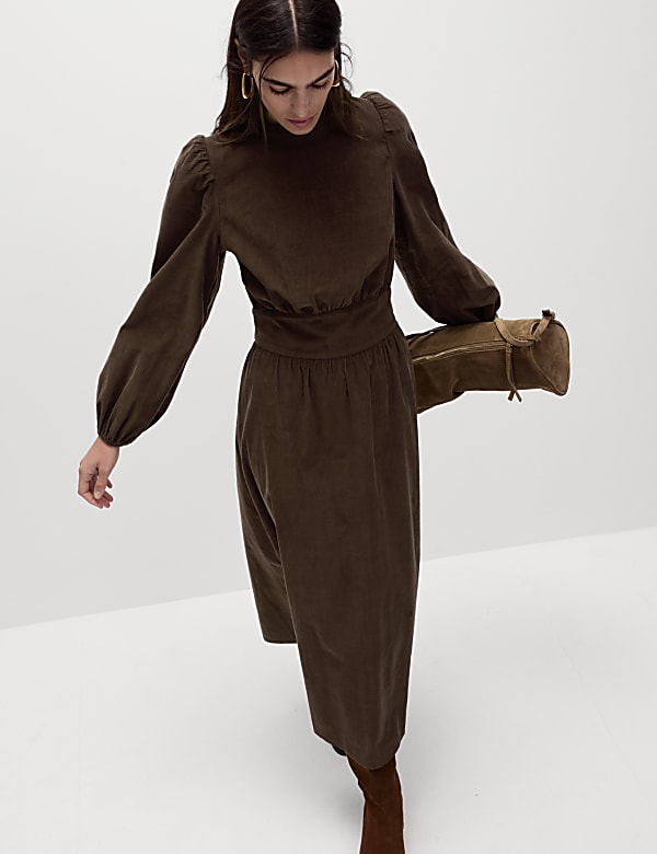 Cord Round Neck Midi Waisted Dress - CY