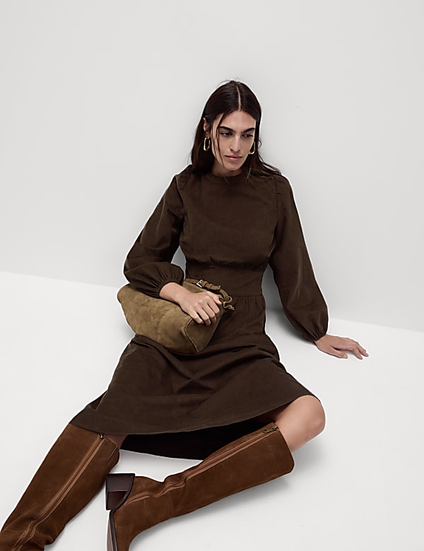 Cord Round Neck Midi Waisted Dress - CY