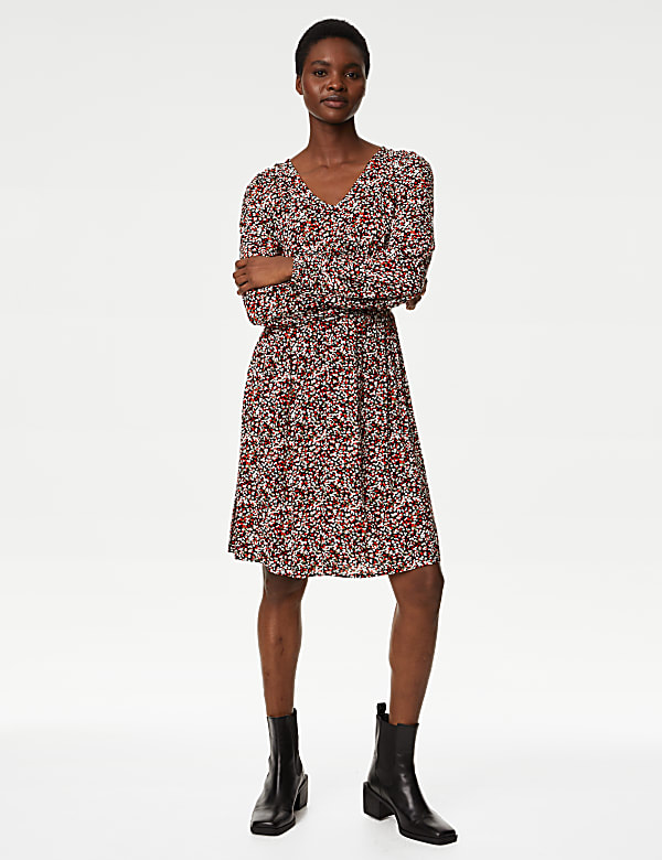 Printed V-Neck Mini Tiered Dress