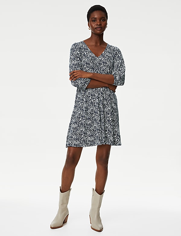 Jersey Printed V Neck Mini Smock Dress NAVY MIX Dresses M S JE
