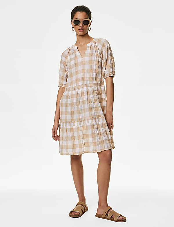 Cotton Rich Checked Mini Tiered Dress - VN
