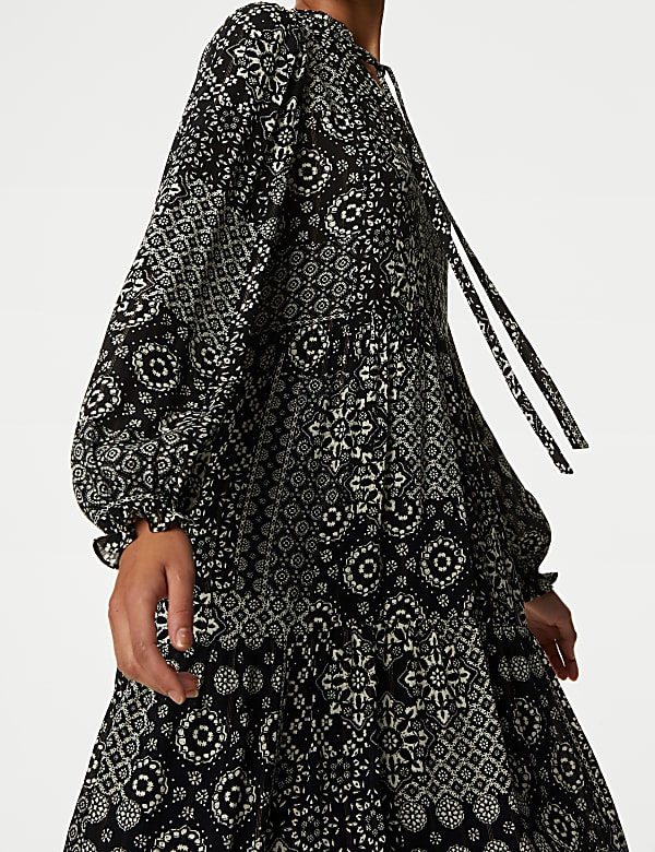 Printed Tie Neck Knee Length Tiered Dress - PT