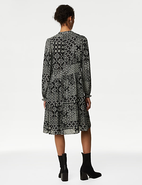 Printed Tie Neck Knee Length Tiered Dress - PT