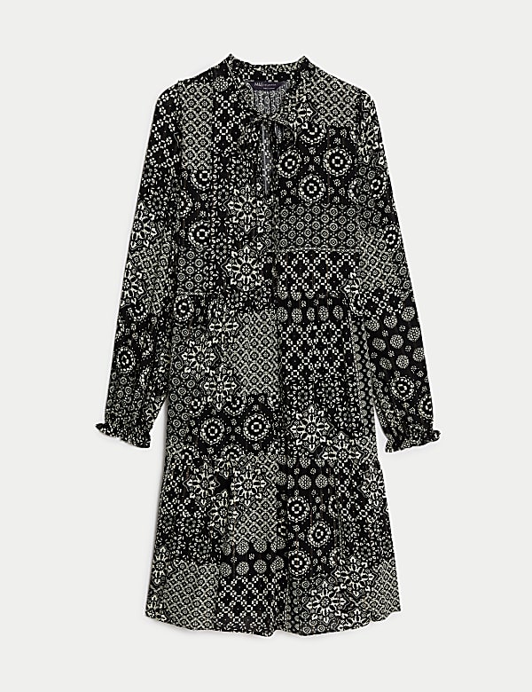 Printed Tie Neck Knee Length Tiered Dress - PT