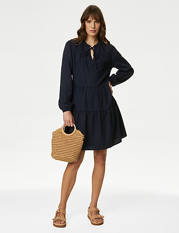 Pure Lyocell Tie Neck Mini Tiered Dress MIDNIGHT NAVY Dresses M S DE