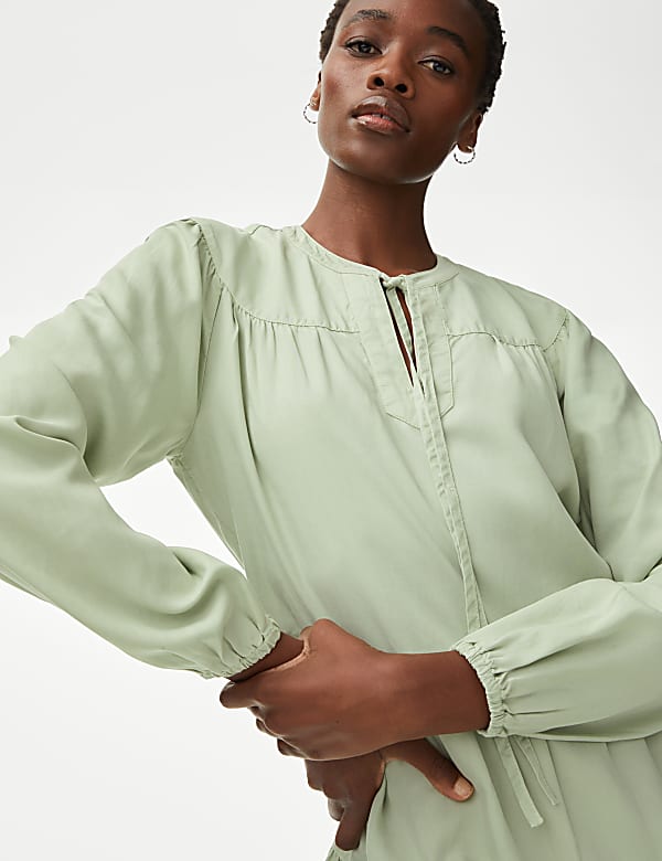 Pure Lyocell™ Tie Neck Mini Tiered Dress - ID