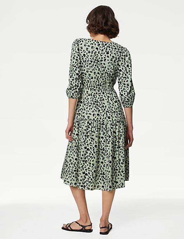 Printed Tie Neck Midi Tiered Dress