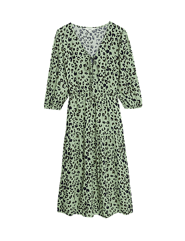 Printed Tie Neck Midi Tiered Dress