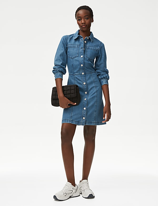 Denim mini-overhemdjurk met kraag - BE