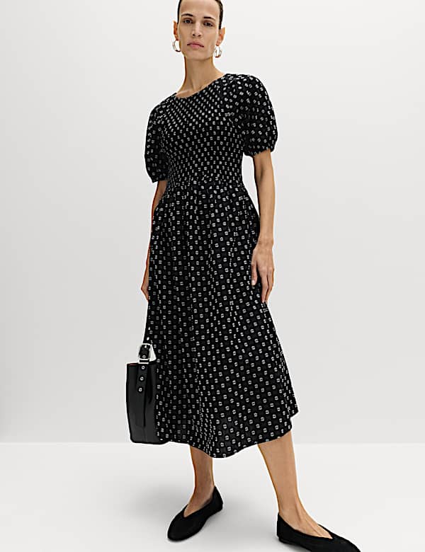 Cotton Rich Printed Puff Sleeve Midi Waisted Dress