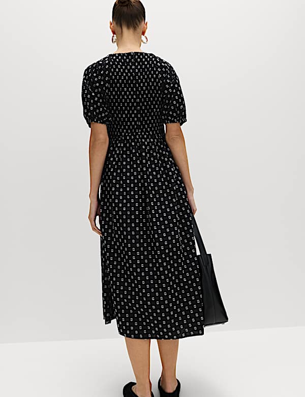Cotton Rich Printed Puff Sleeve Midi Waisted Dress - PT