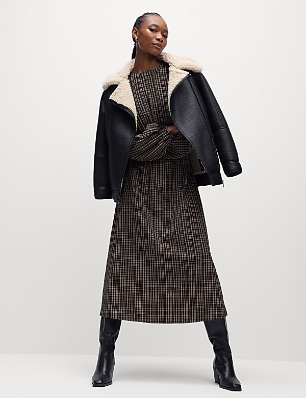 Checked Round Neck Midi Waisted Dress - MV