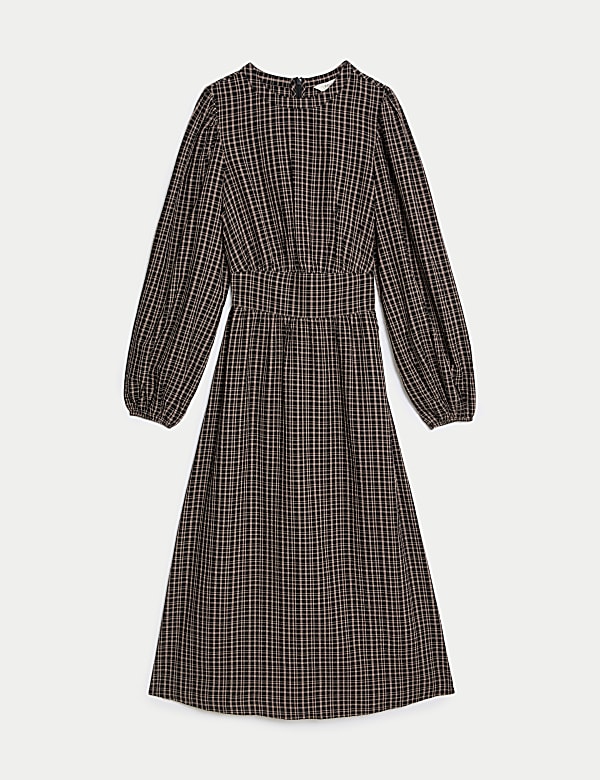 Checked Round Neck Midi Waisted Dress - MV
