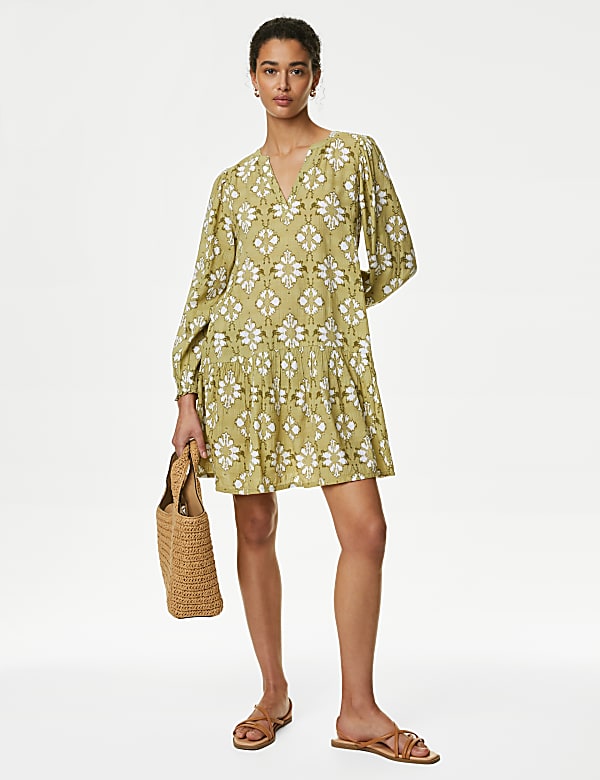Cotton Blend Printed V-Neck Mini Shift Dress
