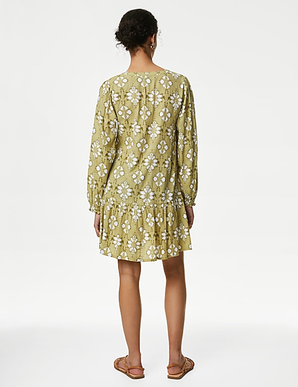 Cotton Blend Printed V-Neck Mini Shift Dress