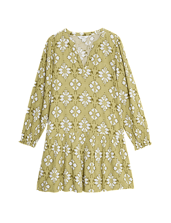 Cotton Blend Printed V-Neck Mini Shift Dress