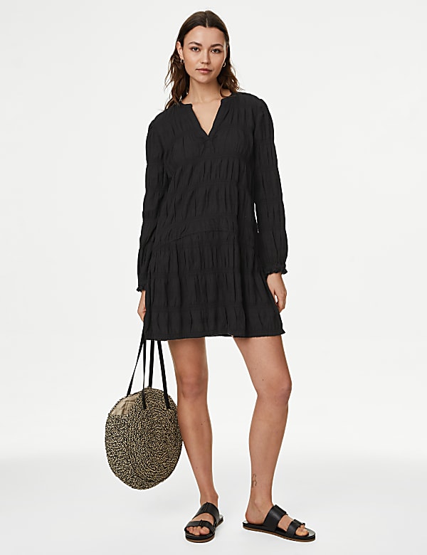 Cotton Rich Textured V Neck Mini Shift Dress