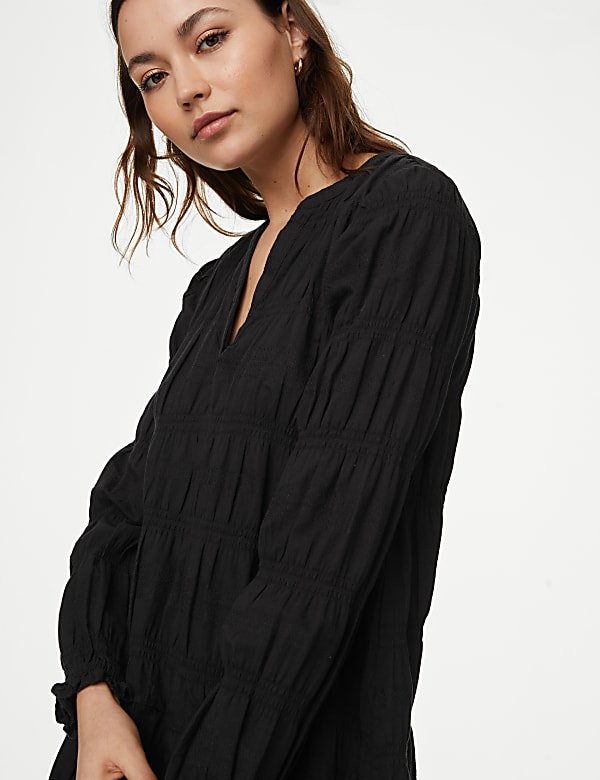 Cotton Rich Textured V-Neck Mini Shift Dress