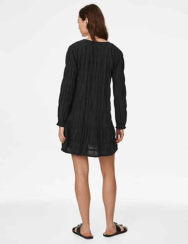 Cotton Rich Textured V-Neck Mini Shift Dress