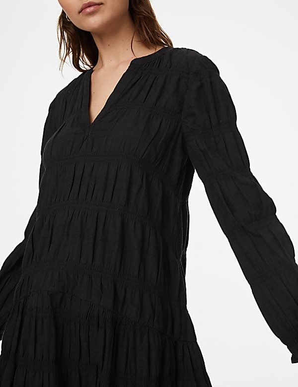 Cotton Rich Textured V-Neck Mini Shift Dress