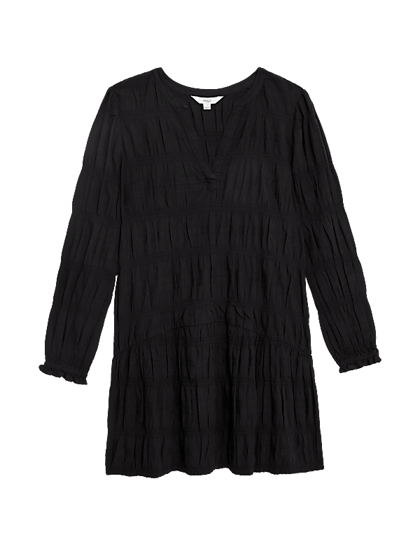 Cotton Rich Textured V-Neck Mini Shift Dress