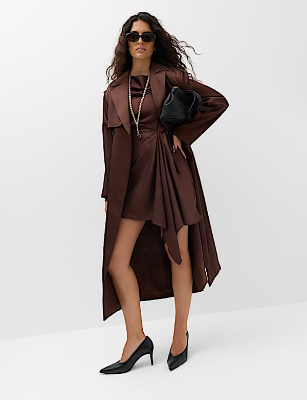 Satin Cowl Neck Mini Tie Detail Waisted Dress - KR
