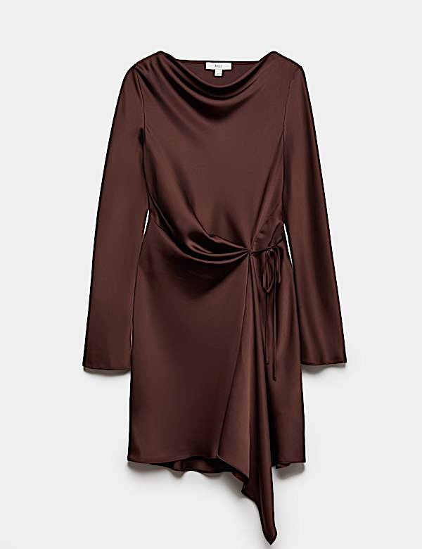 Satin Cowl Neck Mini Tie Detail Waisted Dress - KR