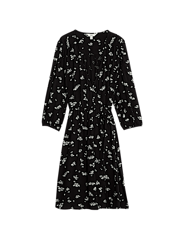 Printed V-Neck Knee Length Wrap Dress