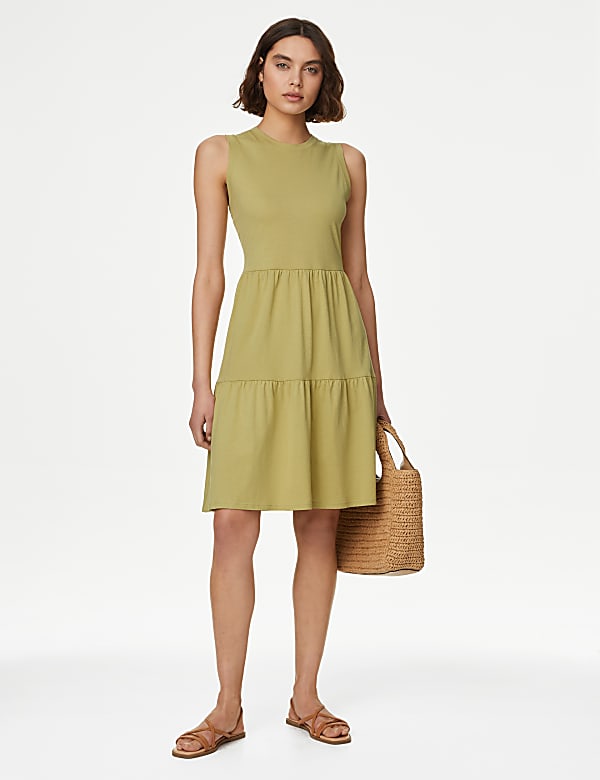 Pure Cotton Knee Length Tiered Dress
