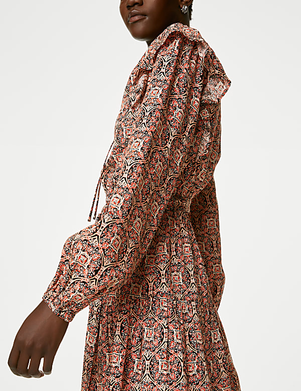 Printed V-Neck Ruffle Mini Waisted Dress