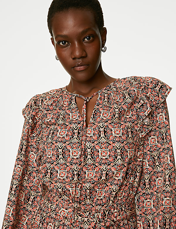 Printed V-Neck Ruffle Mini Waisted Dress