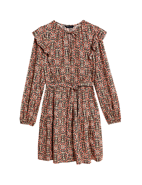 Printed V-Neck Ruffle Mini Waisted Dress
